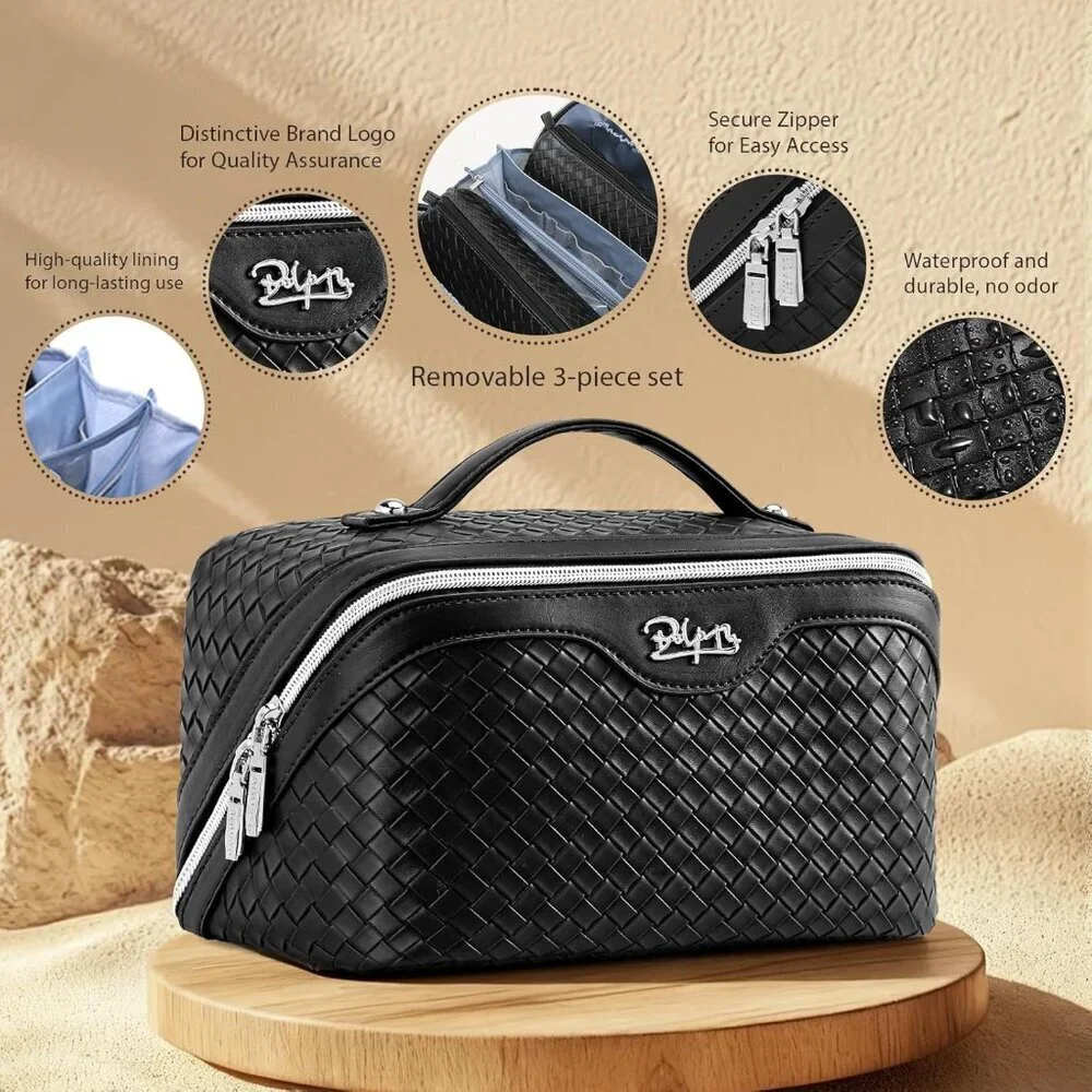 for Women: 3 Pcs Large Make up Bags Set - Vegan Leather Cosmetic Bag for Traveli